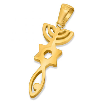 18K Gold Messianic Unity Pendant – Menorah, Star of David, and Fish Symbols