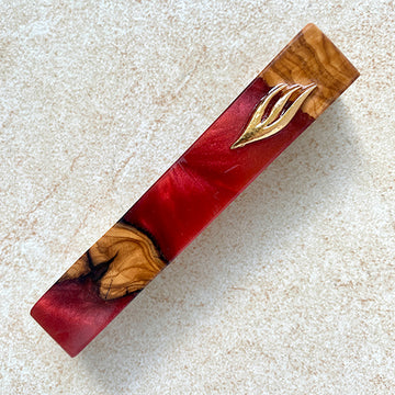 Crimson Majesty - Olive Wood Mezuzah in Red with Golden Shin