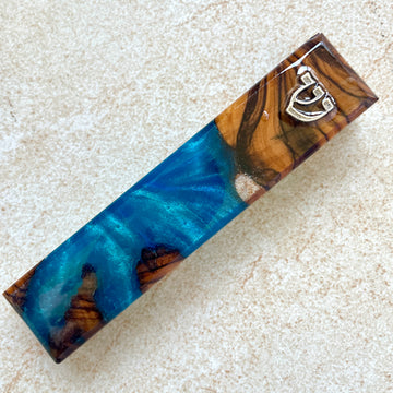 Blue Ocean Depths - Deep Blue Color Olive Wood Mezuzah Case