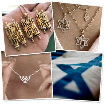 Jewish jewelry, Star of David pendants, Torah and Menorah necklaces. Jewish necklaces collage with Israeli flag