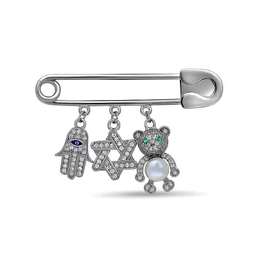 Silver "Evil Eye" Charm Pin – Hamsa, Bear & Star of David with Swarovski Crystals