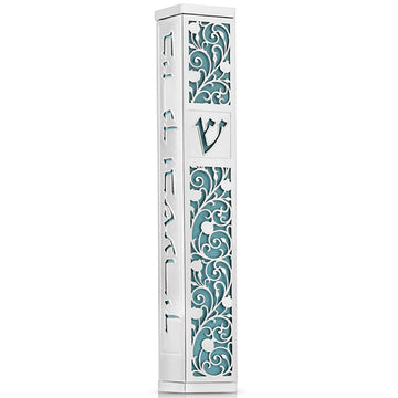 Modern Mezuzah with Hebrew and Pomegranate Motifs in Silver