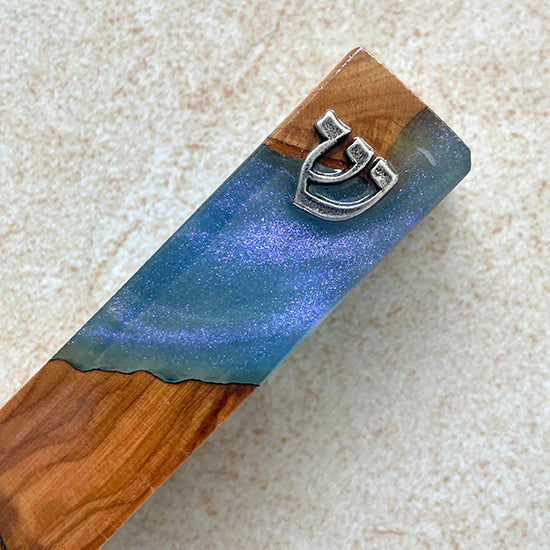 Israeli Skyline Serenity - Light Blue Olive Wood Mezuzah Case