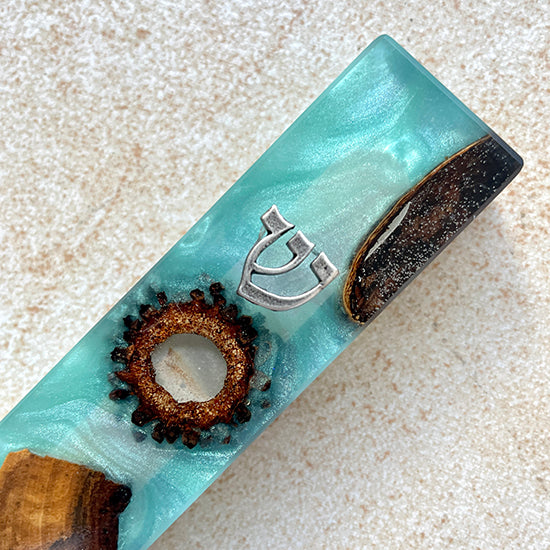 Turquoise Olive Wood Mezuzah Case from Israel