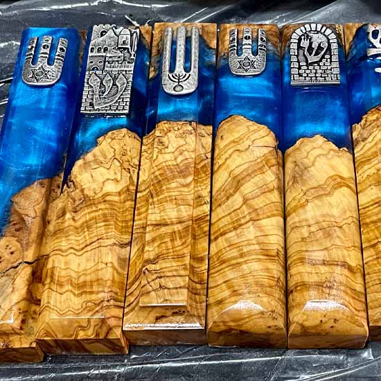 Olive Wood and Blue beautiful Mezuzah cases