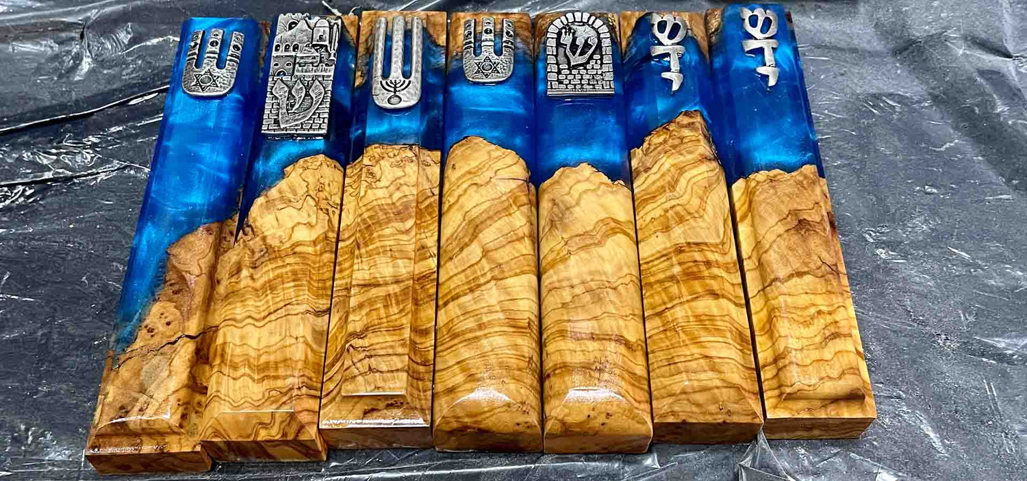 Olive Wood and Blue beautiful Mezuzah cases