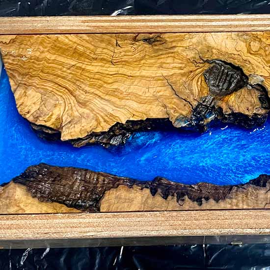 Olive Wood and Blue Epoxy resin in a square box