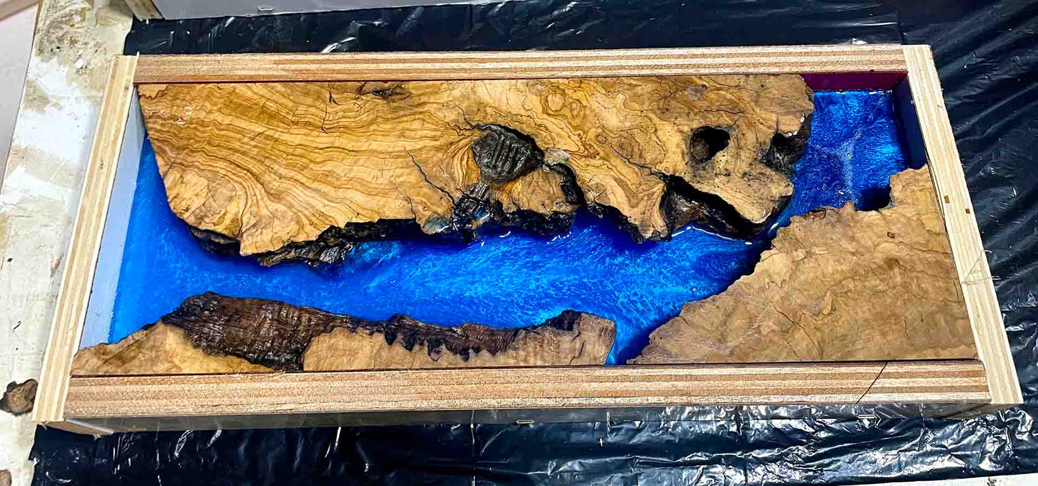 Olive Wood and Blue Epoxy resin in a square box