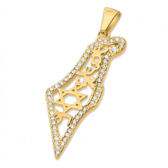 Gold Map of Israel Pendant – Am Yisrael Chai & Star of David Design