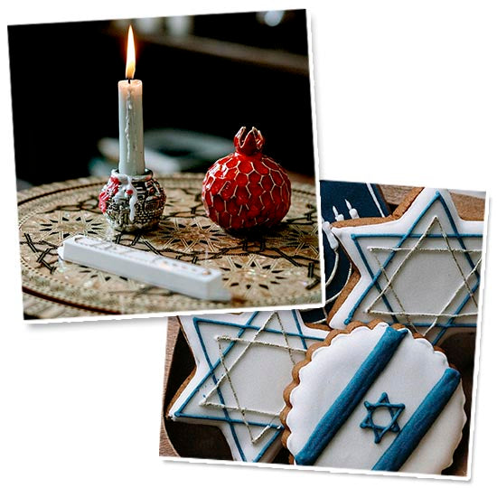 Mezuzah Case and a candle on a table with Davod Star cookies next to it